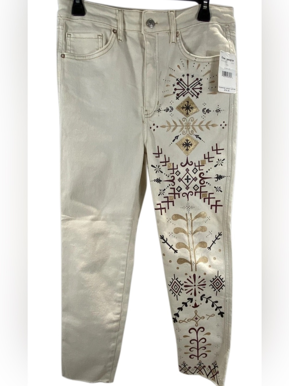 Free People Women's Ivory Graphic Embroidered Folk Raw Hem Jeans NWT Size 32